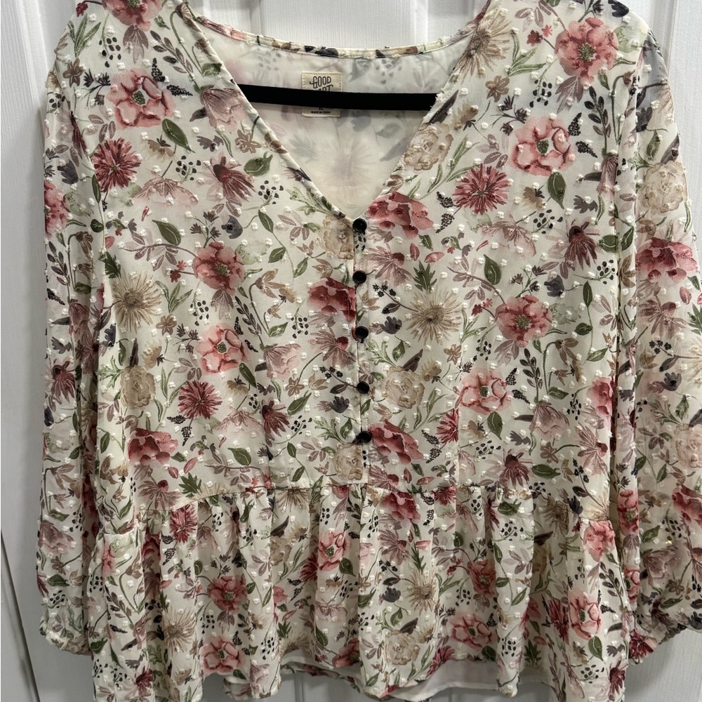 Floral V-Neck Blouse - Cream and Pink